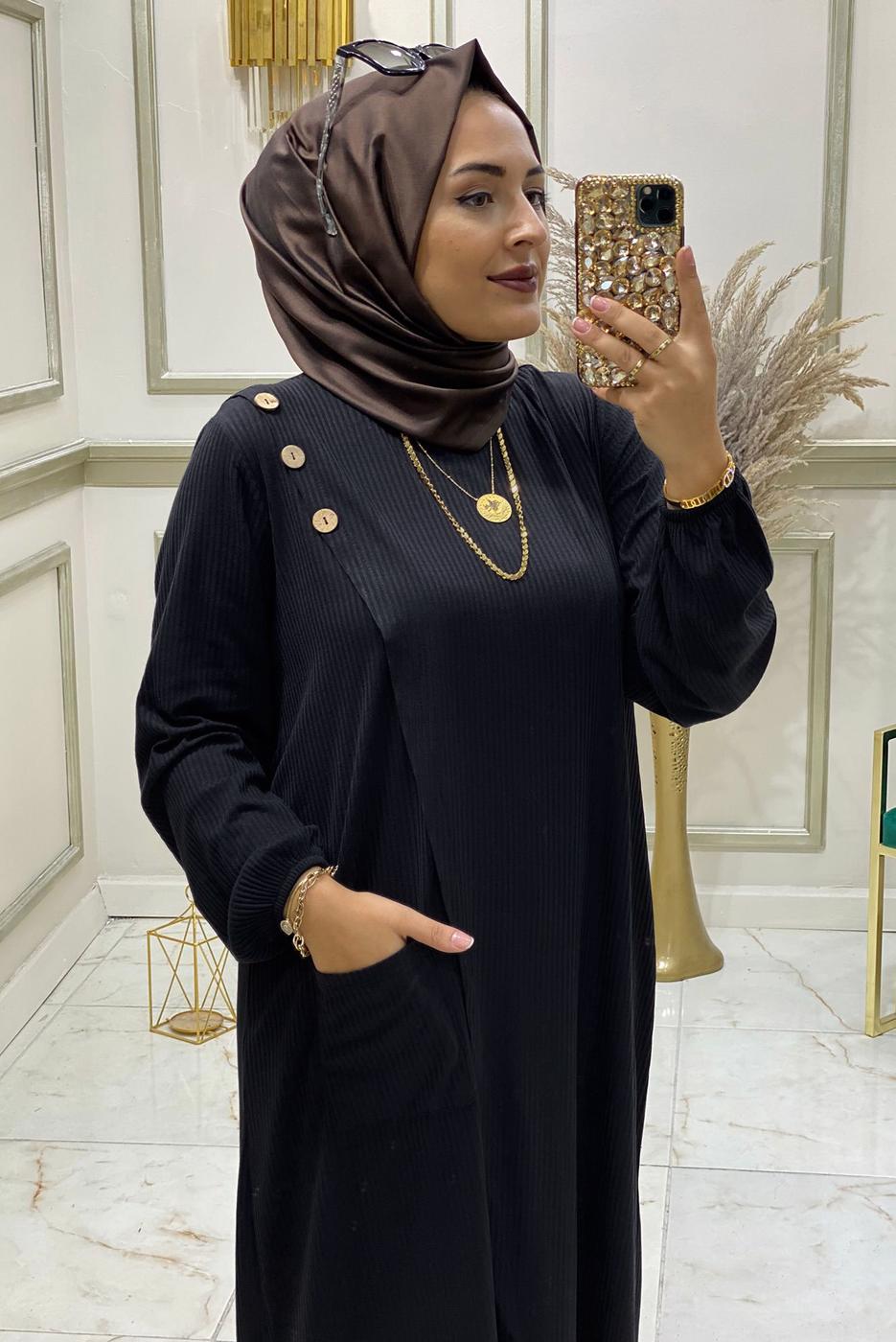 Tesettür giyim SİYAH DÜĞME DETAYLI CEPLİ PANTOLONLU TAKIM 1038 