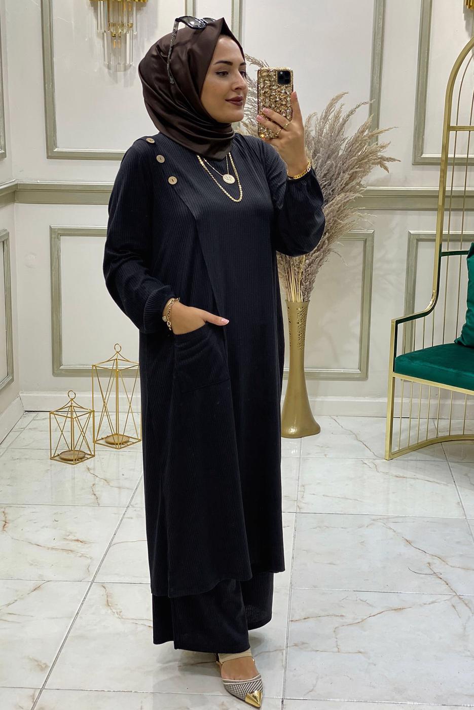 Tesettür giyim SİYAH DÜĞME DETAYLI CEPLİ PANTOLONLU TAKIM 1038 