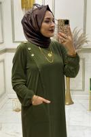 Tesettür giyim YEŞİL DÜĞME DETAYLI CEPLİ PANTOLONLU TAKIM 1038 