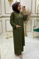 Tesettür giyim YEŞİL DÜĞME DETAYLI CEPLİ PANTOLONLU TAKIM 1038 