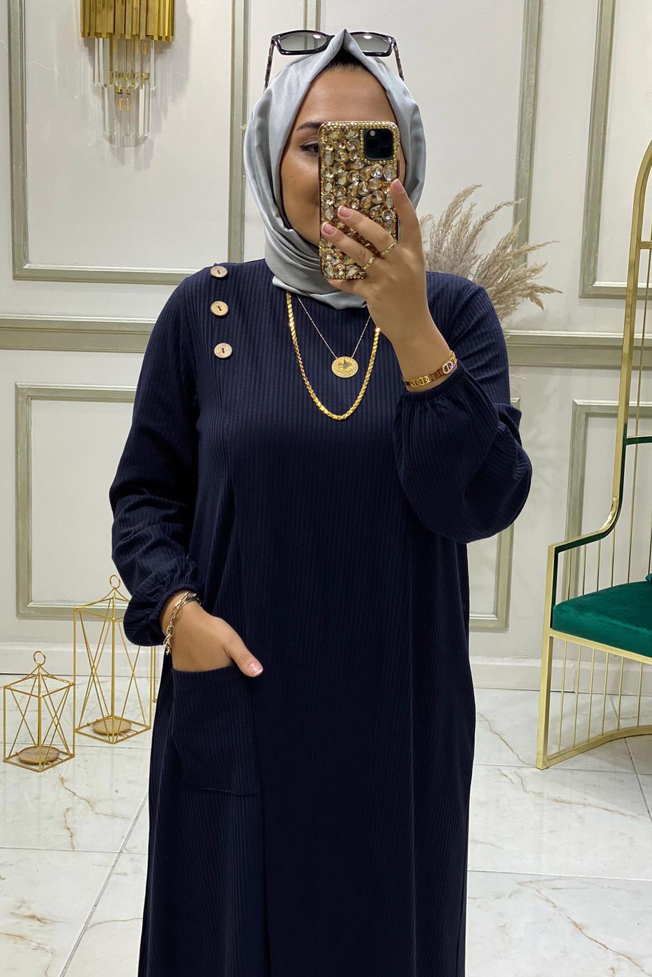 Tesettür giyim LACİVERT DÜĞME DETAYLI CEPLİ PANTOLONLU TAKIM 1038 
