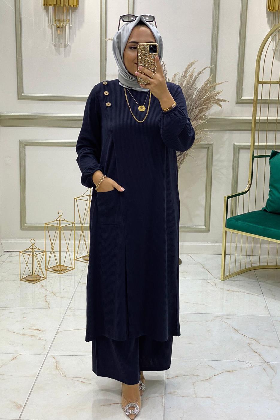 Tesettür giyim LACİVERT DÜĞME DETAYLI CEPLİ PANTOLONLU TAKIM 1038 