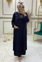 Tesettür giyim LACİVERT DÜĞME DETAYLI CEPLİ PANTOLONLU TAKIM 1038 