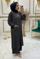 Tesettür giyim GRİ DÜĞME DETAYLI CEPLİ PANTOLONLU TAKIM 1038 