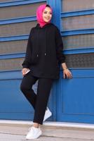 Tesettür giyim SİYAH KAPÜŞONLU PANTOLONLU TAKIM 1358 