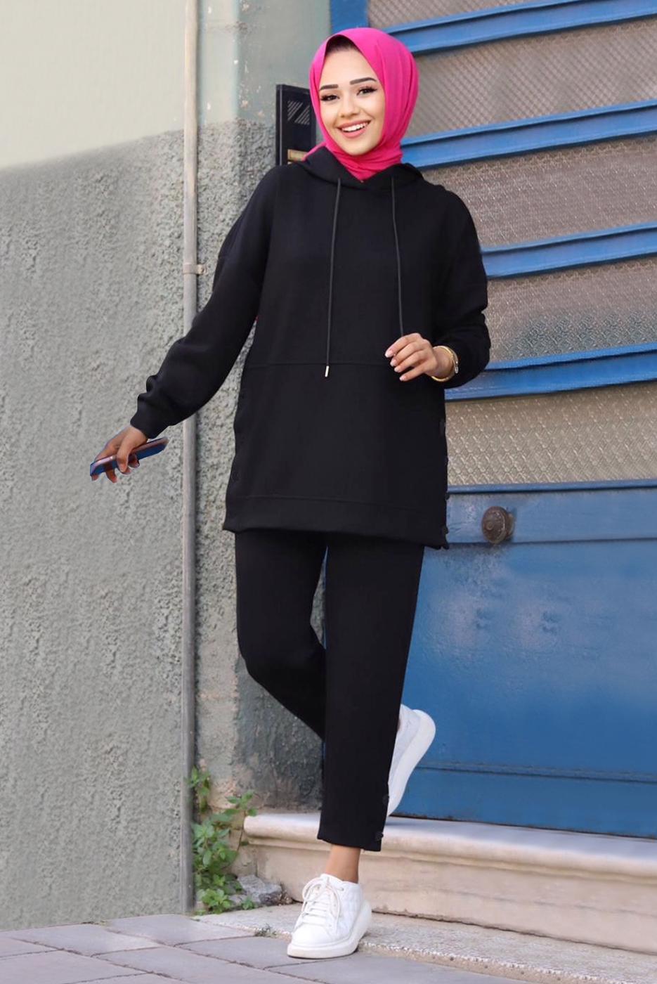 Tesettür giyim SİYAH KAPÜŞONLU PANTOLONLU TAKIM 1358 