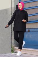 Tesettür giyim SİYAH KAPÜŞONLU PANTOLONLU TAKIM 1358 