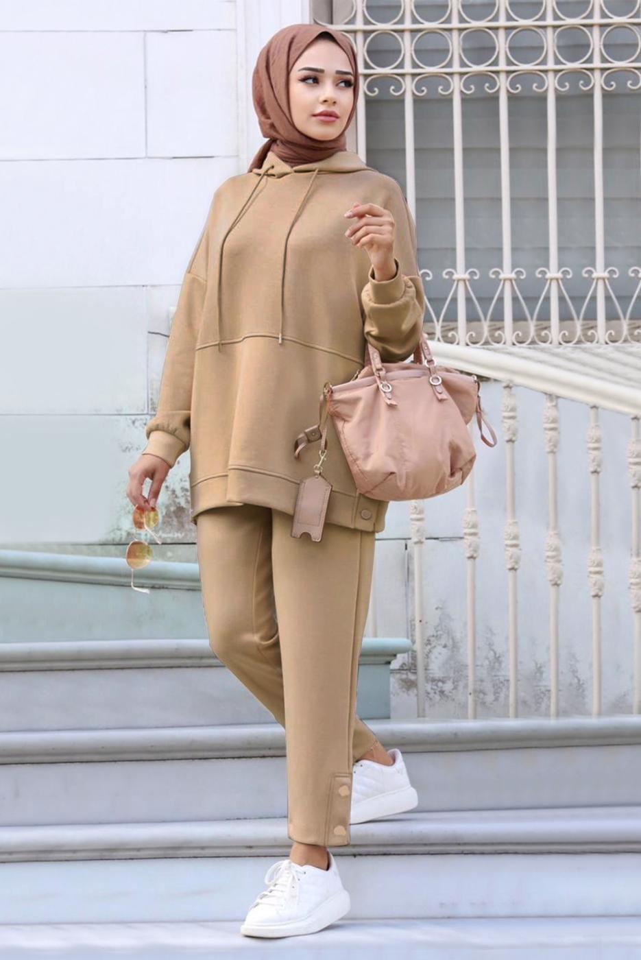 Tesettür giyim KAHVE KAPÜŞONLU PANTOLONLU TAKIM 1358 