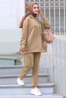 Tesettür giyim KAHVE KAPÜŞONLU PANTOLONLU TAKIM 1358 