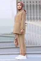 Tesettür giyim KAHVE KAPÜŞONLU PANTOLONLU TAKIM 1358 