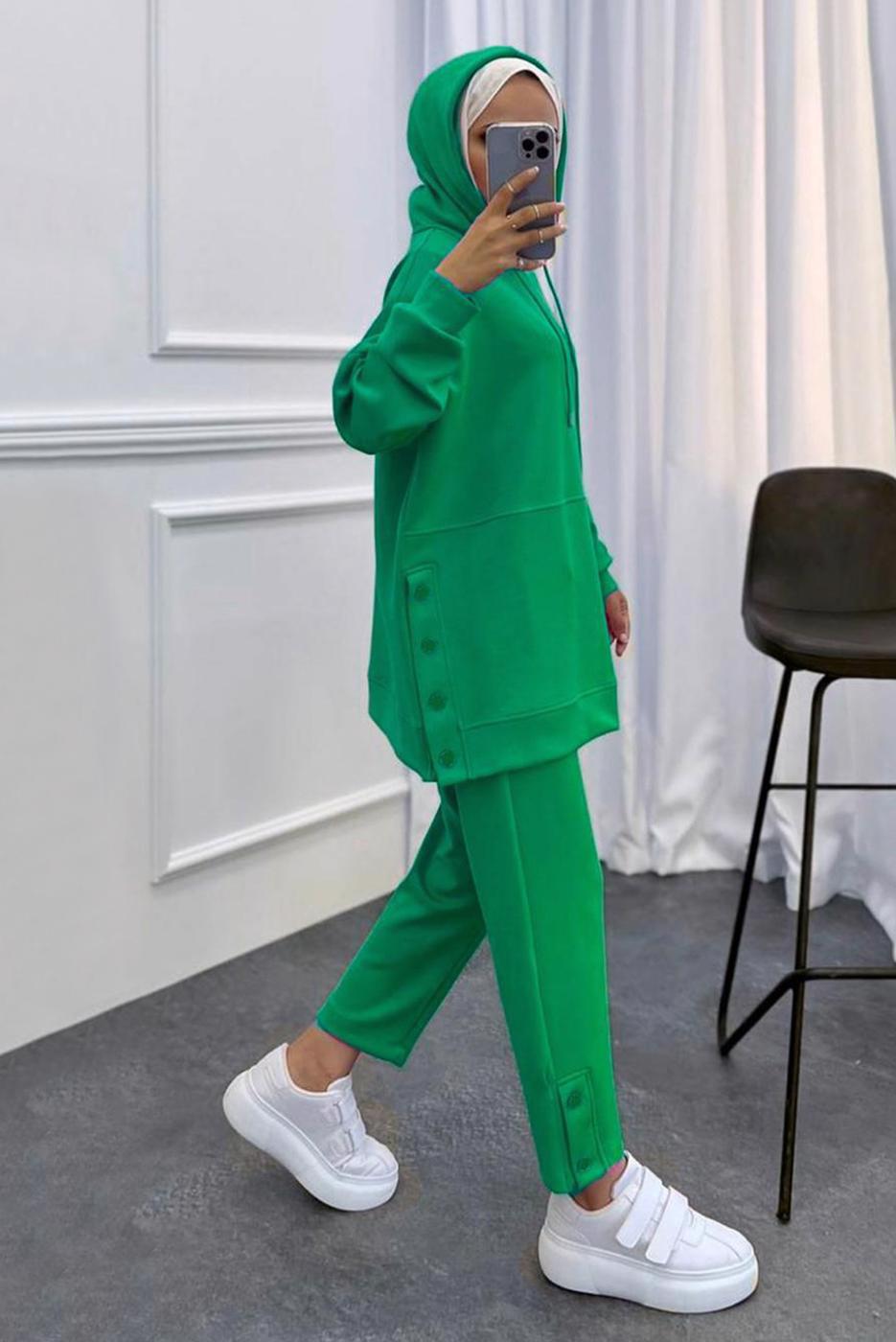 Tesettür giyim YEŞİL KAPÜŞONLU PANTOLONLU TAKIM 1358 