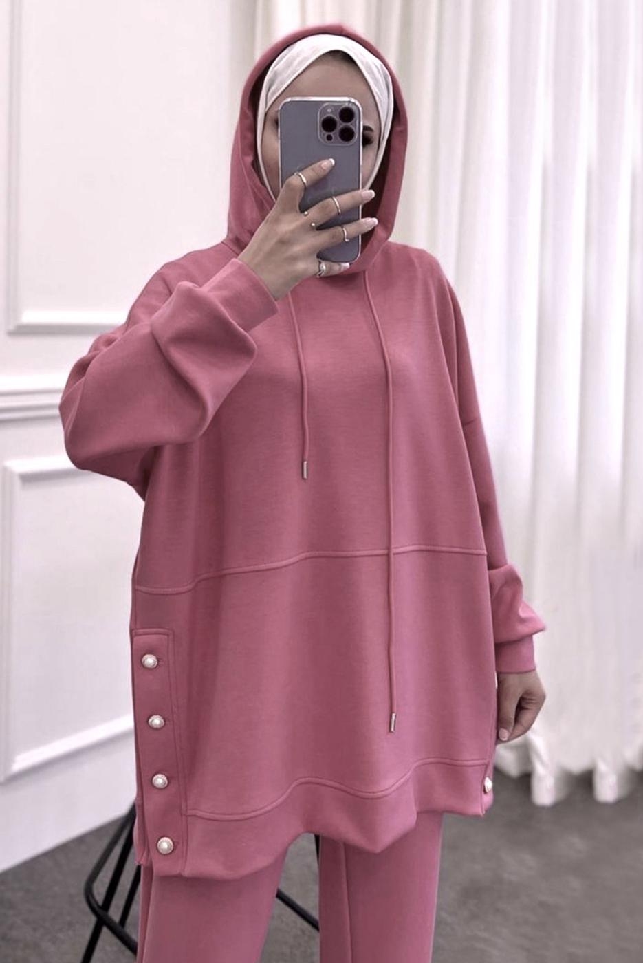 Tesettür giyim PEMBE KAPÜŞONLU PANTOLONLU TAKIM 1358 