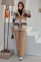 Tesettür giyim TABA DESENLİ CEKETLİ PANTOLONLU TRİKO TAKIM 14112 