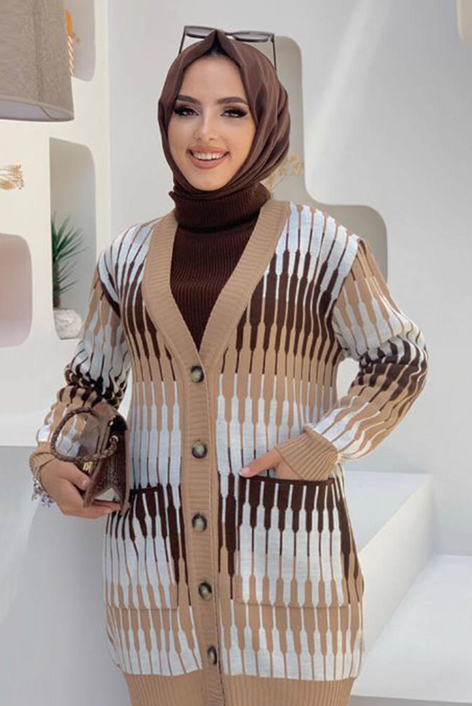 Tesettür giyim TABA DESENLİ CEKETLİ PANTOLONLU TRİKO TAKIM 14112 