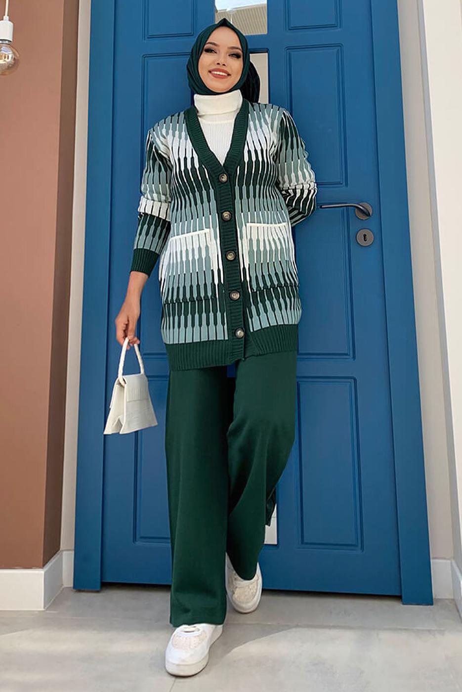 Tesettür giyim YEŞİL DESENLİ CEKETLİ PANTOLONLU TRİKO TAKIM 14112 