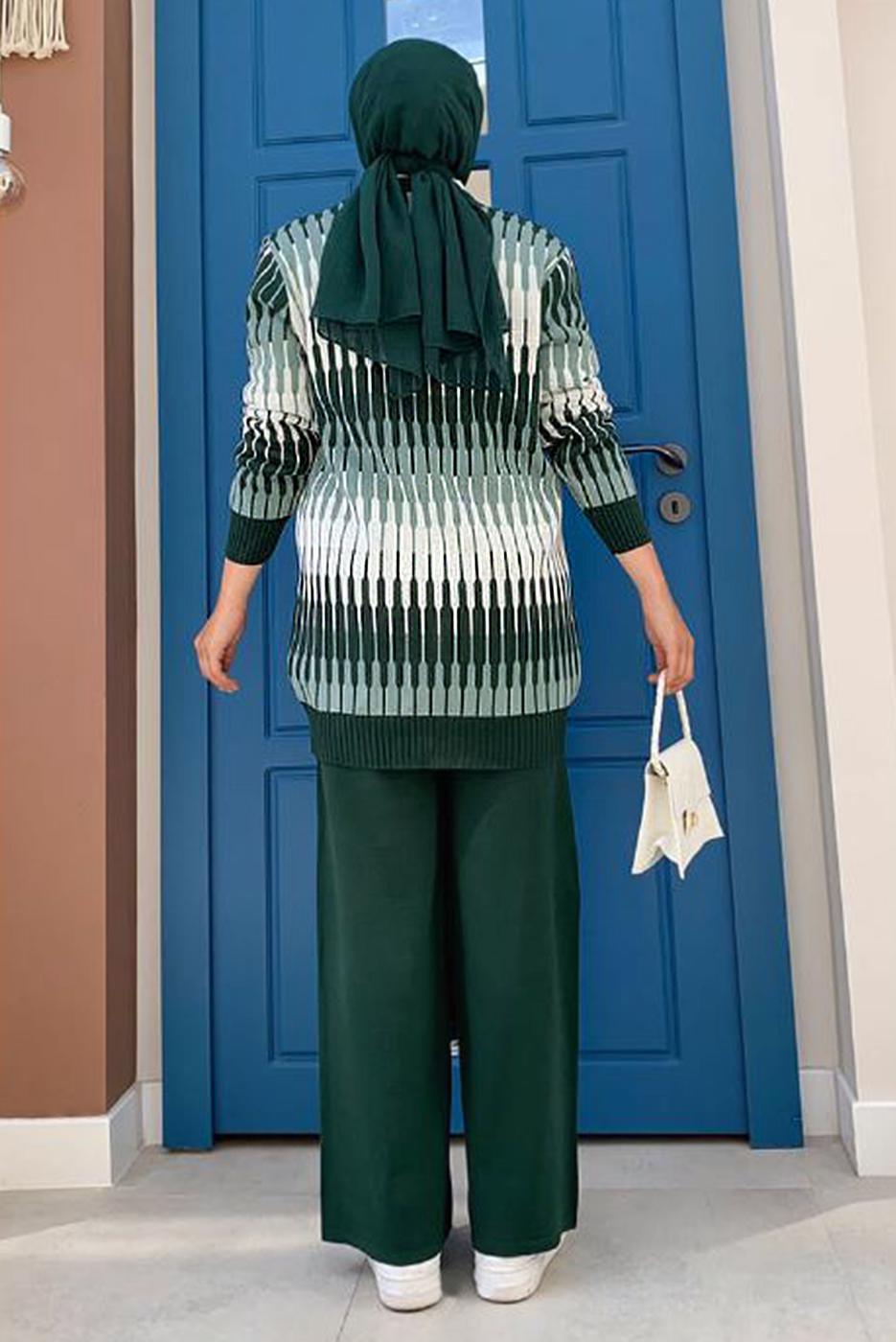 Tesettür giyim YEŞİL DESENLİ CEKETLİ PANTOLONLU TRİKO TAKIM 14112 