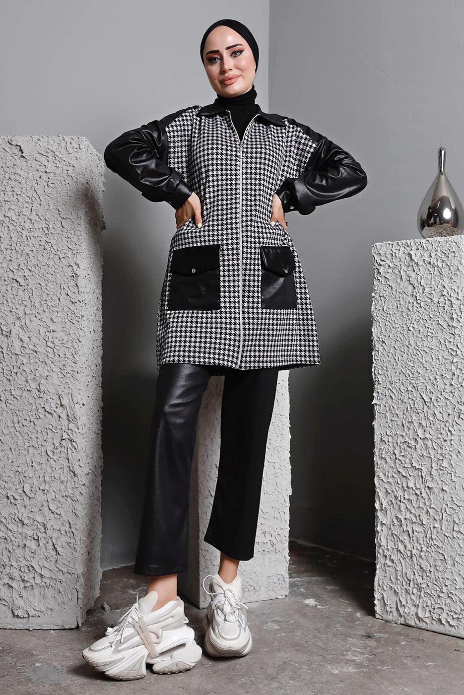 Tesettür giyim SİYAH DERİ DETAYLI PANT. TAKIM 1582 