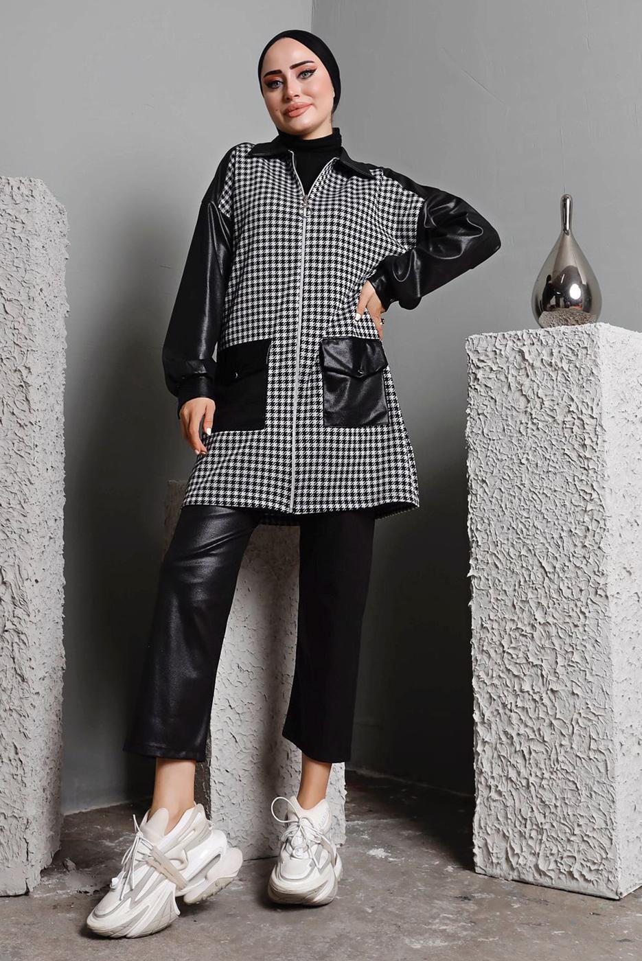 Tesettür giyim SİYAH DERİ DETAYLI PANT. TAKIM 1582 