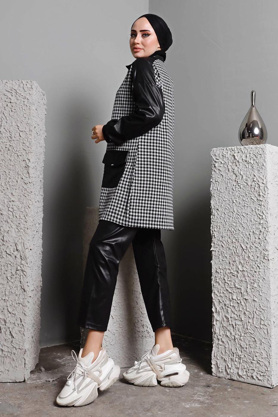 Tesettür giyim SİYAH DERİ DETAYLI PANT. TAKIM 1582 