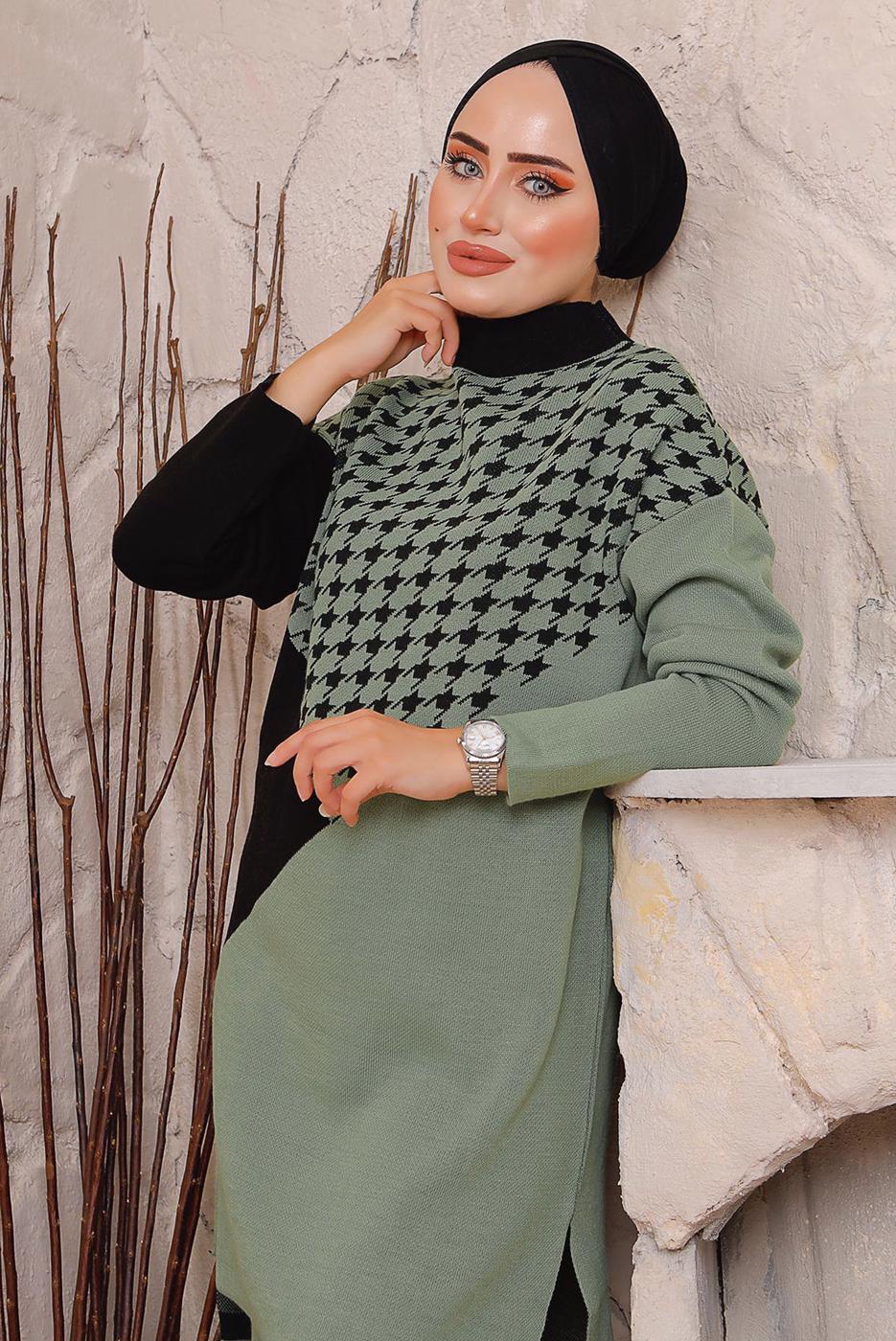 Vêtements hijab VERT COSTUME PANTALON EN MAILLE TEXTURÉE PIED-DE-POULE 1892