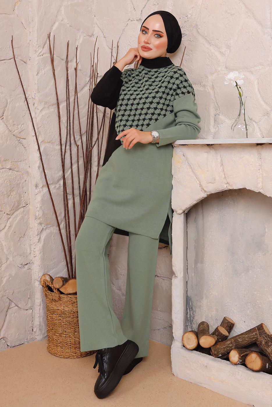 Vêtements hijab VERT COSTUME PANTALON EN MAILLE TEXTURÉE PIED-DE-POULE 1892