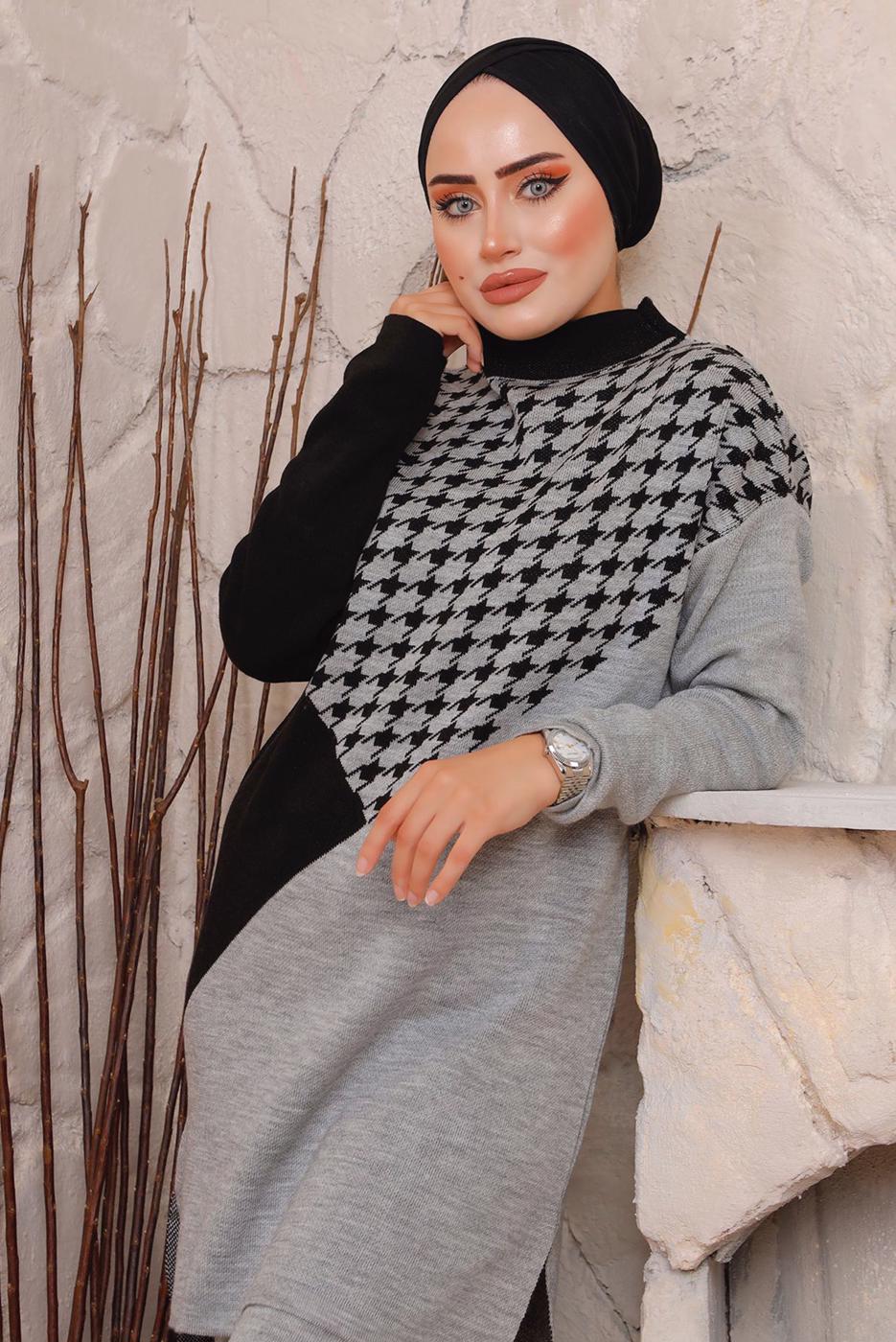 Vêtements hijab GRIS COSTUME PANTALON EN MAILLE TEXTURÉE PIED-DE-POULE 1892