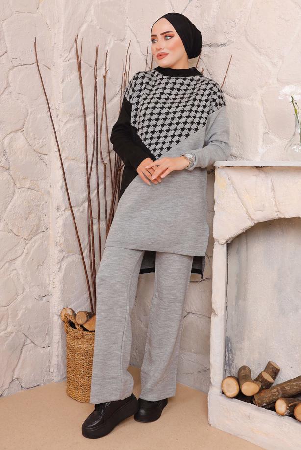 Vêtements hijab GRIS COSTUME PANTALON EN MAILLE TEXTURÉE PIED-DE-POULE 1892 - TRENDTESETTÜR