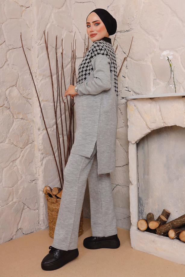 Vêtements hijab GRIS COSTUME PANTALON EN MAILLE TEXTURÉE PIED-DE-POULE 1892 - TRENDTESETTÜR