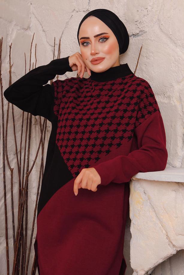 Vêtements hijab ROUGE BORDEAUX COSTUME PANTALON EN MAILLE TEXTURÉE PIED-DE-POULE 1892 - TRENDTESETTÜR