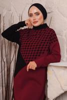 Tesettür giyim BORDO KAZAYAĞI DESENLİ PANTOLONLU TRİKO TAKIM 1892