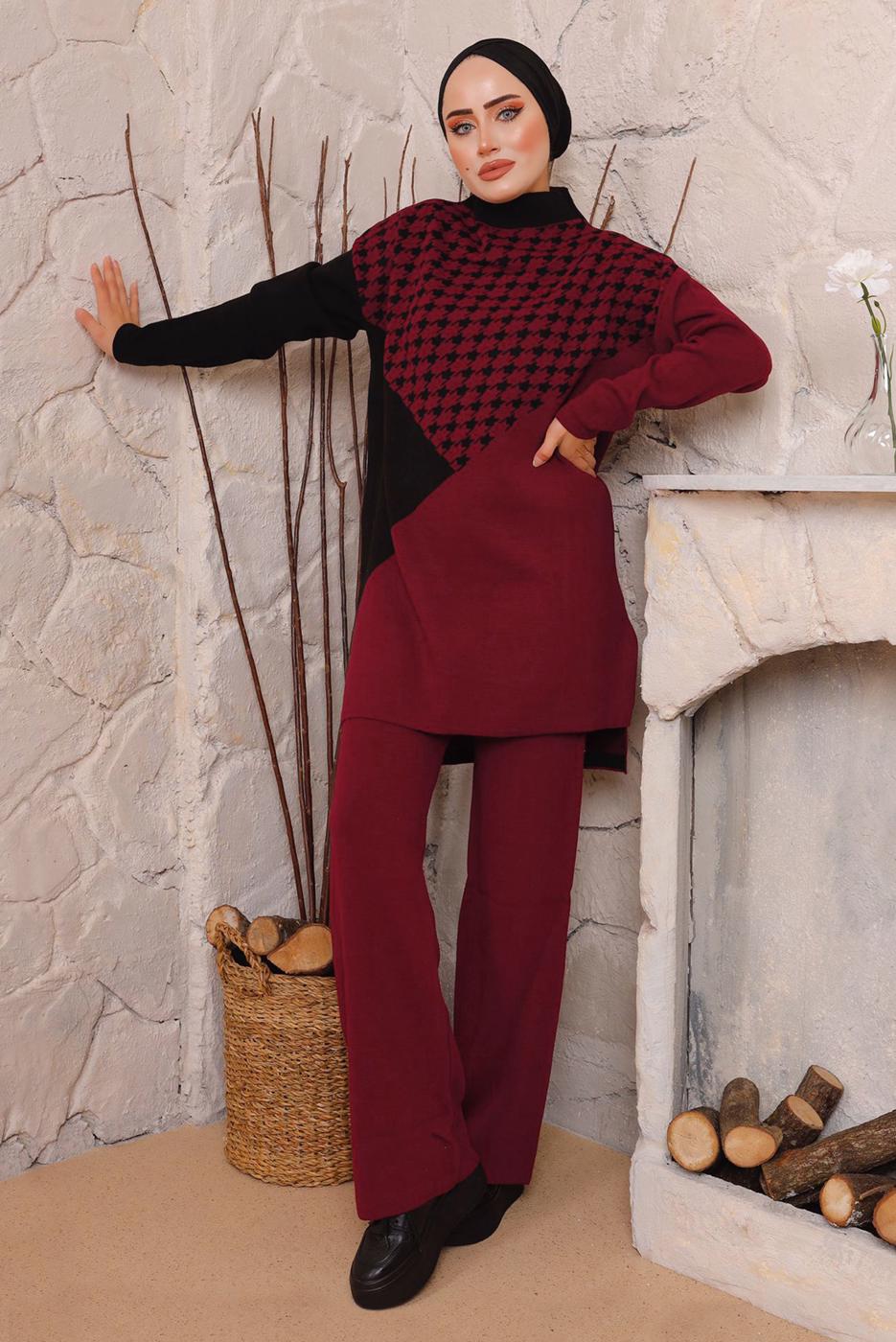 Tesettür giyim BORDO KAZAYAĞI DESENLİ PANTOLONLU TRİKO TAKIM 1892