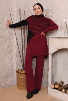 Tesettür giyim BORDO KAZAYAĞI DESENLİ PANTOLONLU TRİKO TAKIM 1892