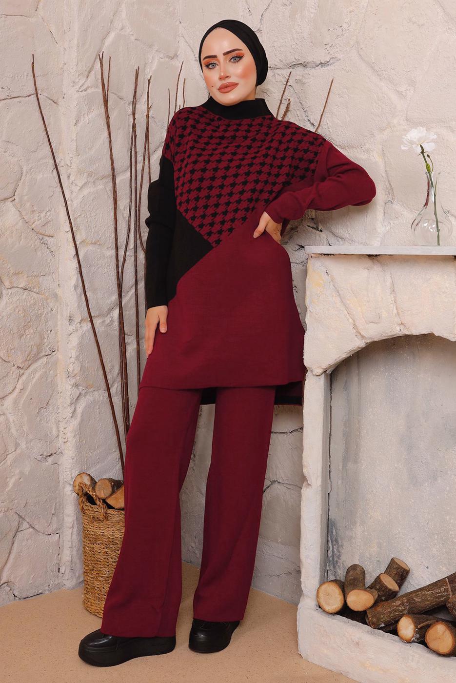 Tesettür giyim BORDO KAZAYAĞI DESENLİ PANTOLONLU TRİKO TAKIM 1892