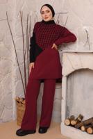 Tesettür giyim BORDO KAZAYAĞI DESENLİ PANTOLONLU TRİKO TAKIM 1892