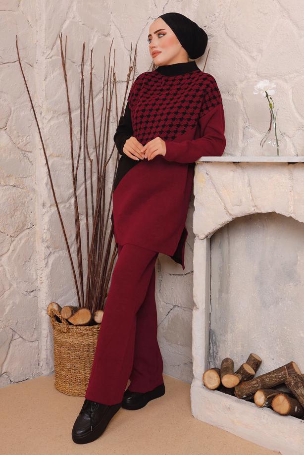 Vêtements hijab ROUGE BORDEAUX COSTUME PANTALON EN MAILLE TEXTURÉE PIED-DE-POULE 1892 - TRENDTESETTÜR