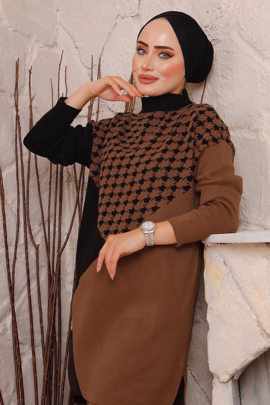 Tesettür giyim KAHVE KAZAYAĞI DESENLİ PANTOLONLU TRİKO TAKIM 1892