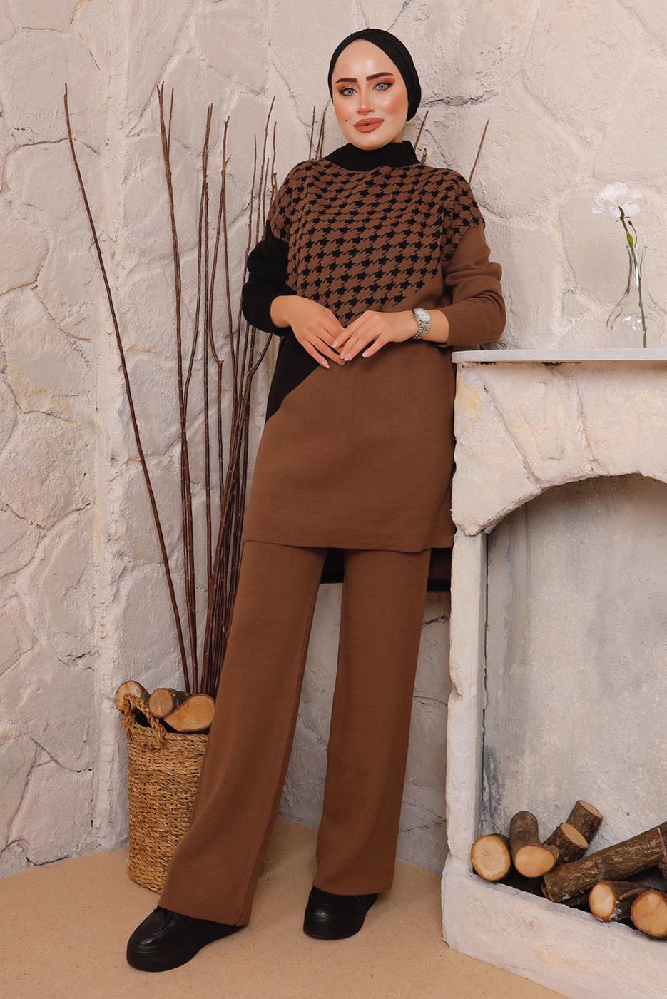 Tesettür giyim KAHVE KAZAYAĞI DESENLİ PANTOLONLU TRİKO TAKIM 1892