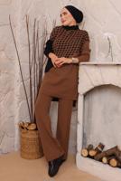 Tesettür giyim KAHVE KAZAYAĞI DESENLİ PANTOLONLU TRİKO TAKIM 1892