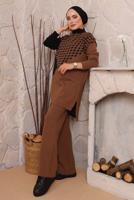 Tesettür giyim KAHVE KAZAYAĞI DESENLİ PANTOLONLU TRİKO TAKIM 1892