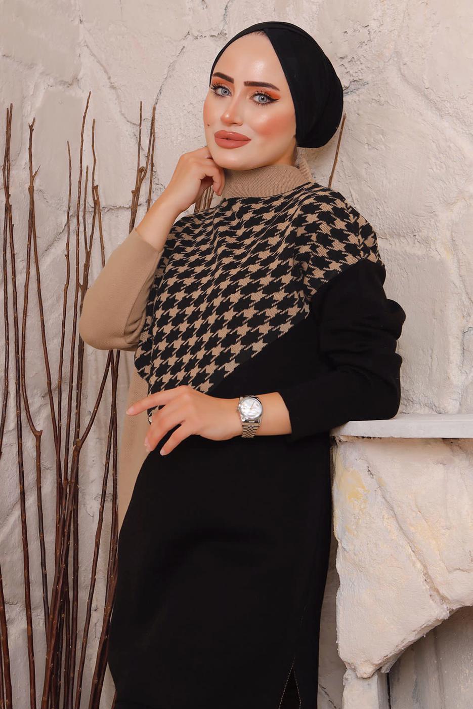 Tesettür giyim TABA KAZAYAĞI DESENLİ PANTOLONLU TRİKO TAKIM 1892