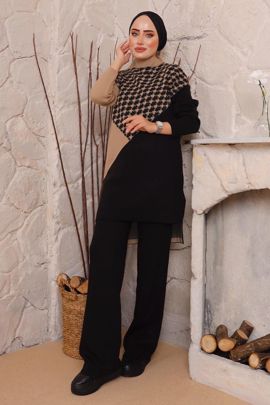 Tesettür giyim TABA KAZAYAĞI DESENLİ PANTOLONLU TRİKO TAKIM 1892