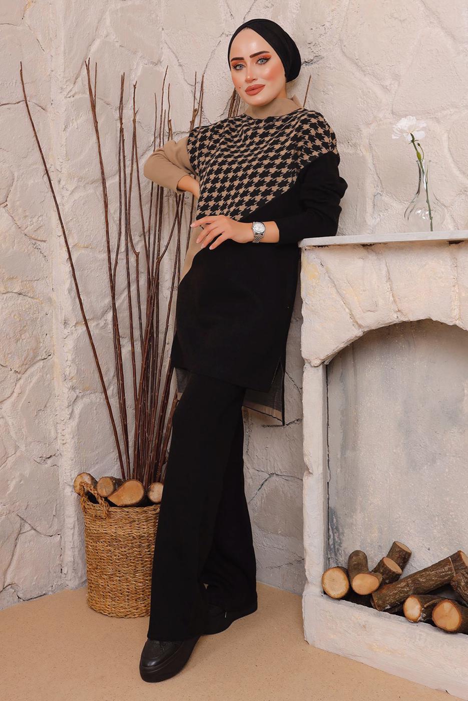 Tesettür giyim TABA KAZAYAĞI DESENLİ PANTOLONLU TRİKO TAKIM 1892