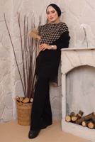 Tesettür giyim TABA KAZAYAĞI DESENLİ PANTOLONLU TRİKO TAKIM 1892