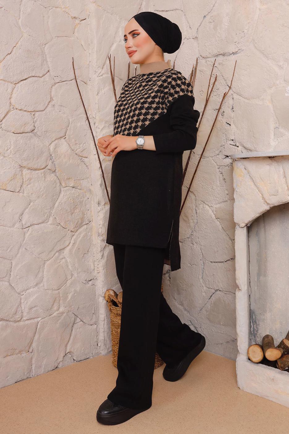 Tesettür giyim TABA KAZAYAĞI DESENLİ PANTOLONLU TRİKO TAKIM 1892