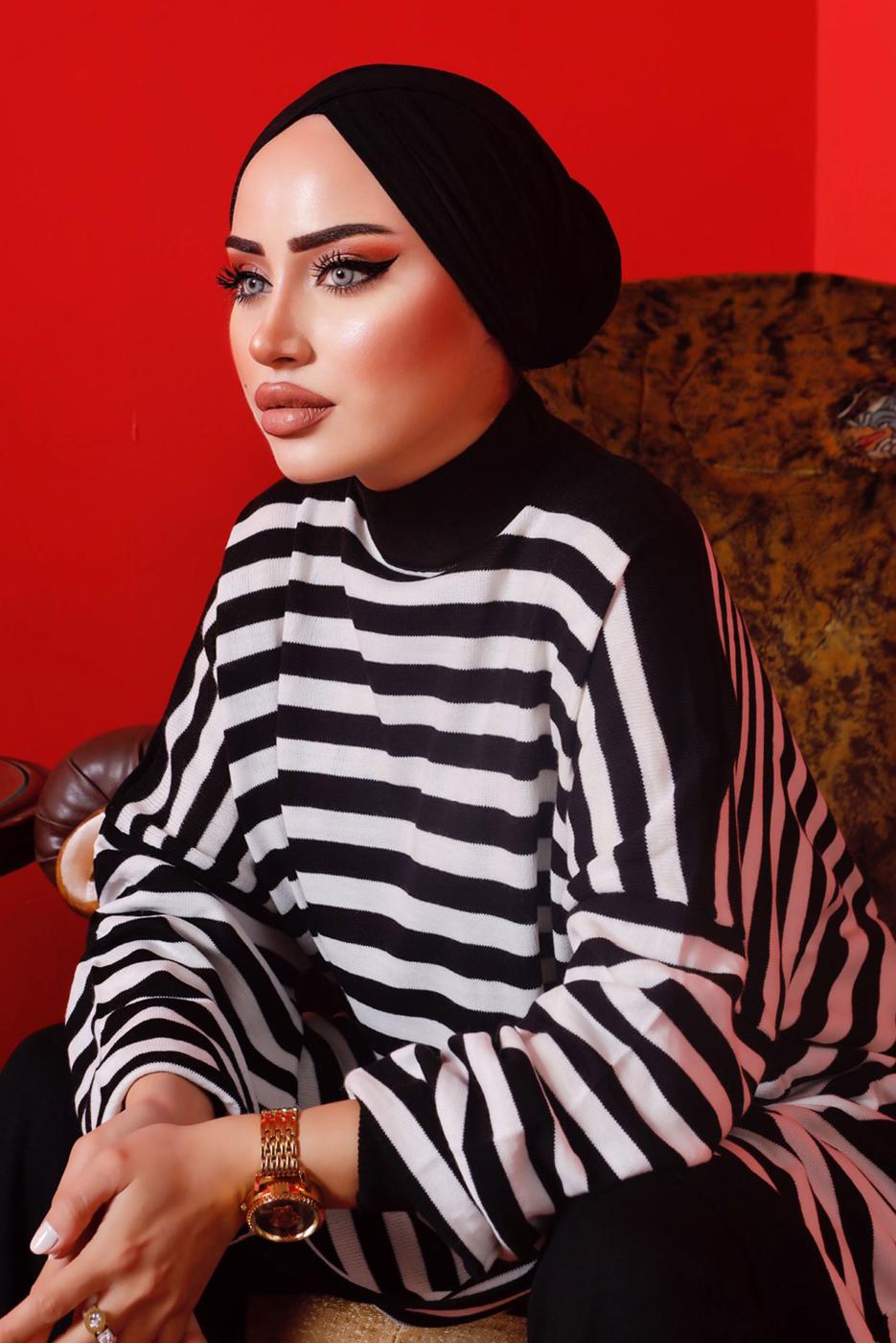 Tesettür giyim SİYAH ÇİZGİLİ PANTOLONLU TRİKO TAKIM 1992 