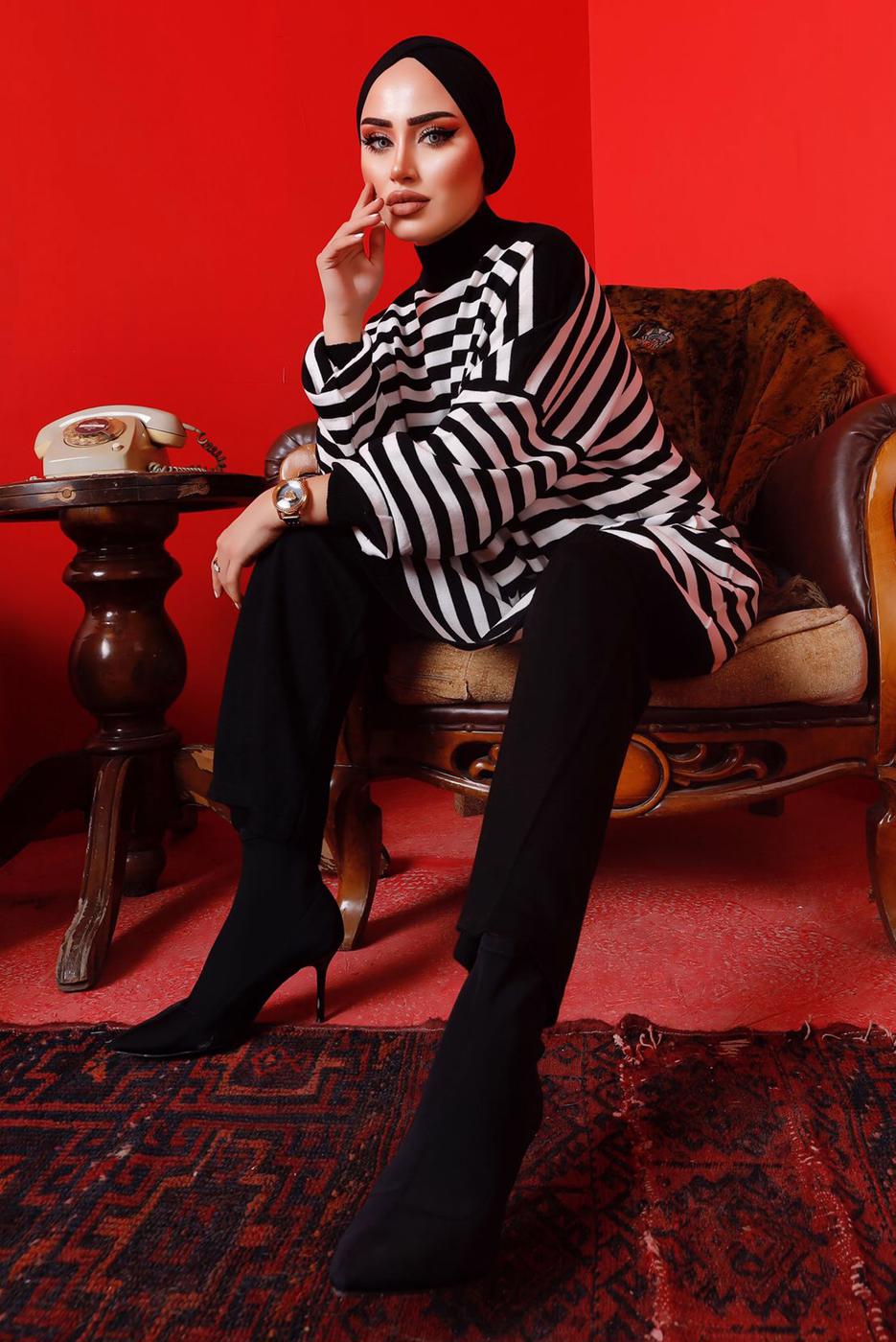 Tesettür giyim SİYAH ÇİZGİLİ PANTOLONLU TRİKO TAKIM 1992 