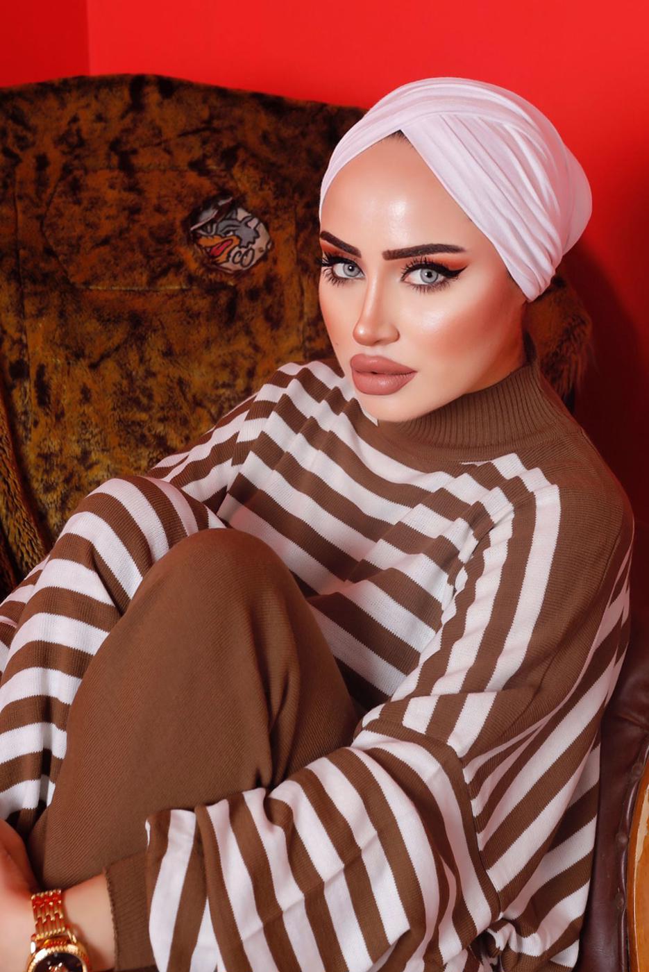 Tesettür giyim TABA ÇİZGİLİ PANTOLONLU TRİKO TAKIM 1992 