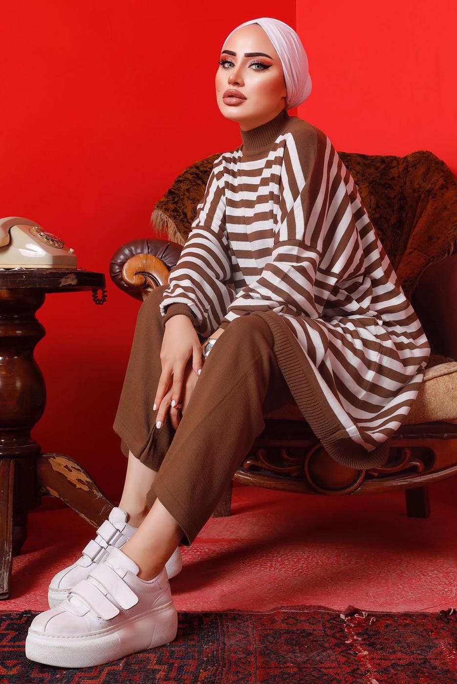 Tesettür giyim TABA ÇİZGİLİ PANTOLONLU TRİKO TAKIM 1992 
