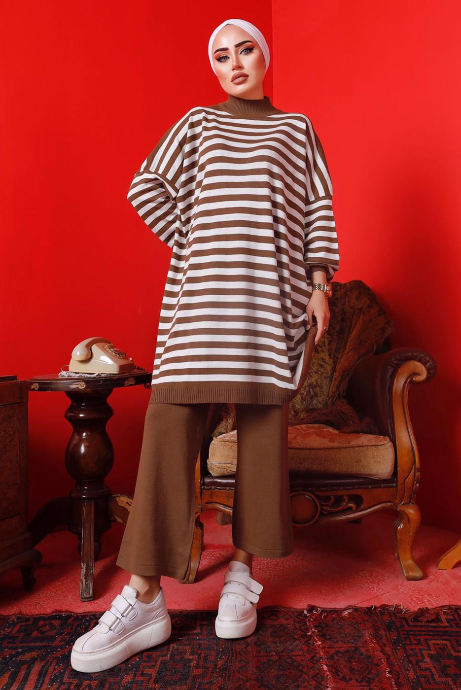 Tesettür giyim TABA ÇİZGİLİ PANTOLONLU TRİKO TAKIM 1992 
