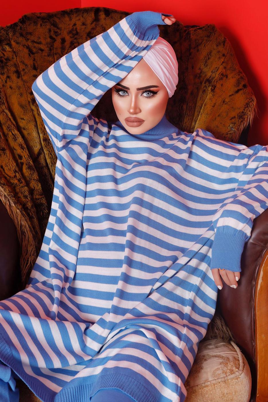 Vêtements hijab BLEU MARINE ENSEMBLE PANTALON EN MAILLE RAYÉE 1992